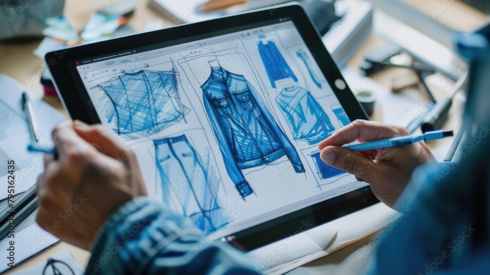 Digital design tablet displaying sketches of biodegradable denim wear, with visible hands making adjustments