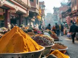 A busy market with a large pile of spices in the foreground. The spices are in a variety of colors and sizes, and the market is bustling with people