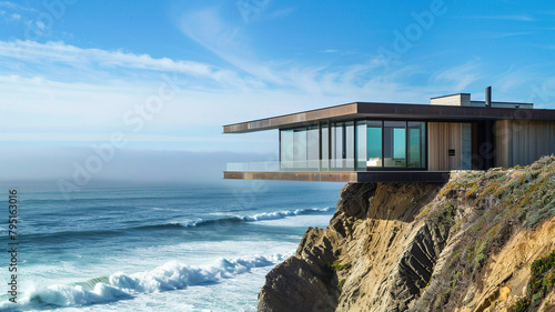 An ultra-modern house perched atop a cliff  with floor-to-ceiling windows offering breathtaking views of the crashing waves below.