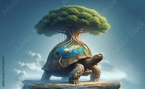 a turtle back in tree Turtle Save Tree, landscape with earth and tree Generative ai photo