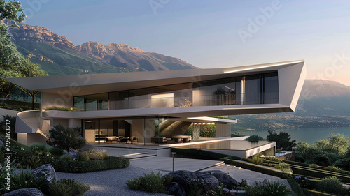 An ultra-modern house with a cantilevered design, showcasing panoramic views of the mountains and valleys below against a clear sky. photo