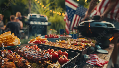 A man is cooking hamburgers on a grill in front of a large American flag photo