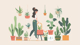 Cartoon flat illustration. Girl caring for house plant