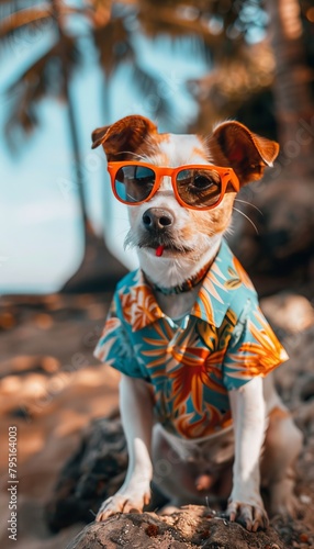 Fashionable dog in vibrant attire wearing orange sunglasses and a colorful hawaiian shirt