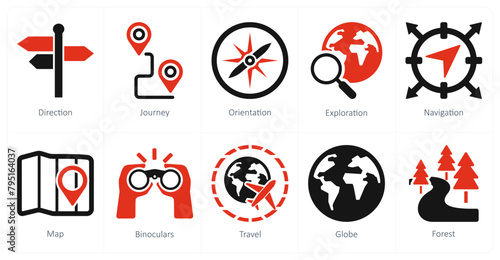 A set of 10 adventure icons as direction, journey, orientation