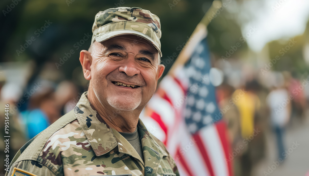 A man in a military uniform stands in front of an American flag