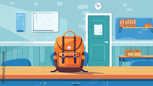 Childs backpack on desk in classroom Vector illustration