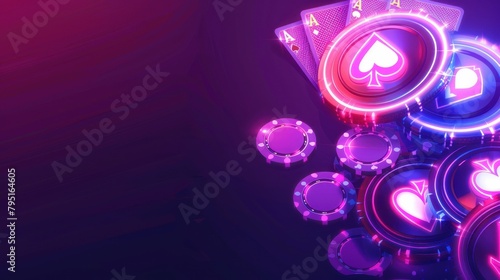 Casino advertising neon banner design with playing cards and casino chips on a purple background. ai generated
