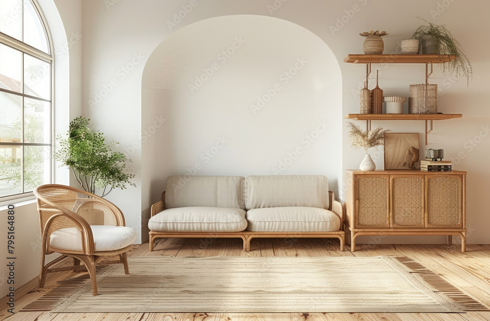 Fototapeta premium A minimalist living room with wooden floor, white walls and an arched window. The wall is decorated with decorative shelves holding plants or art pieces.