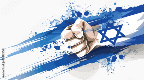Clenched male fist in colors of Israeli flag on white photo