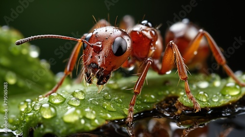 Small ant crawls on wet green leaf