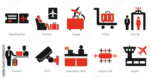 A set of 10 airport icons as boarding pass, traveller, voyage