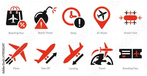 A set of 10 airport icons as boarding pass, bomb threat, delay