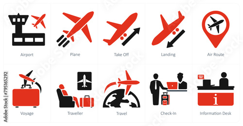 A set of 10 airport icons as airport, plane, takeoff