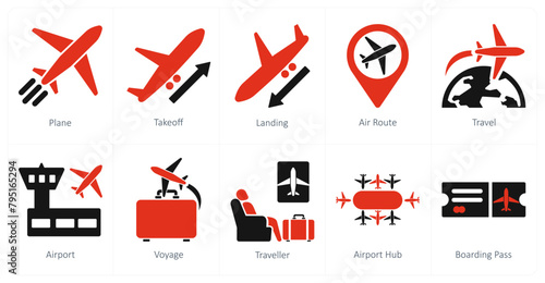 A set of 10 airport icons as plane, takeoff, landing