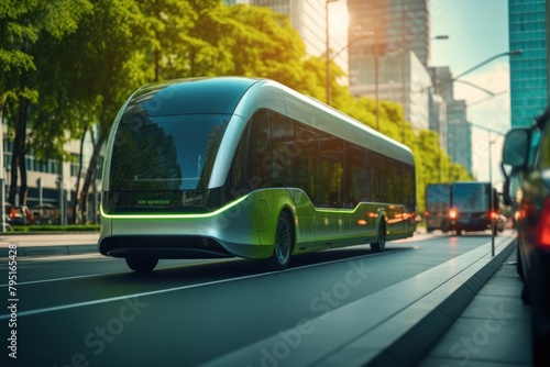 Green bus on the road in the city. 3D illustration. Sustainable energy. Electric vehicle. Green Energy Concept with Copy Space. 