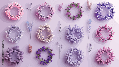 Collage of beautiful Easter wreaths on lilac background