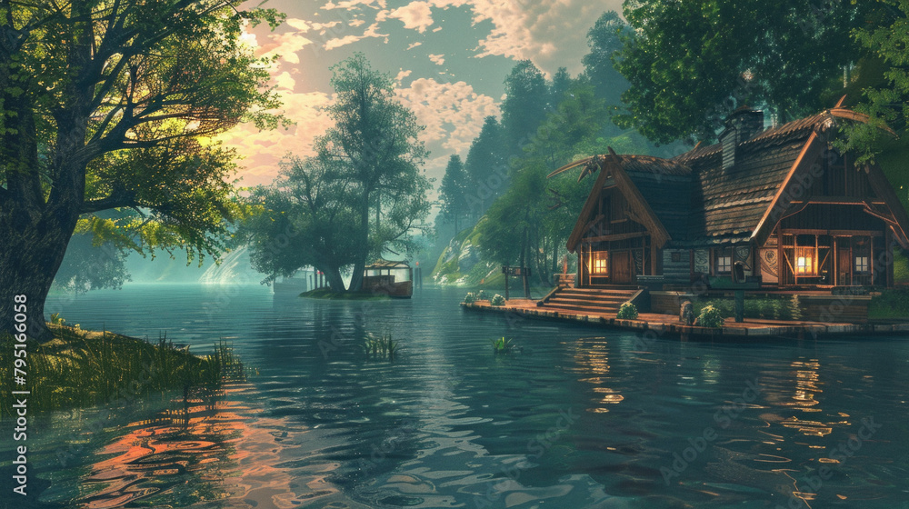 A house sits on a dock in front of a body of water A house sits on a dock in front of a body of water