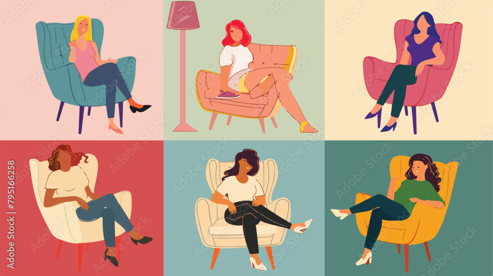 Collage of different women in comfortable armchairs 