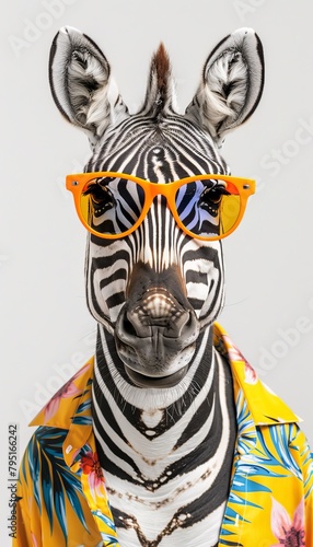 Zebra with trendy orange sunglasses and colorful hawaiian shirt for a stylish look