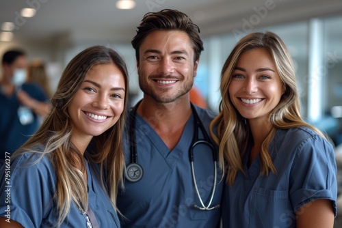 Smiling physician and team in clinical setting. © Oleksandr
