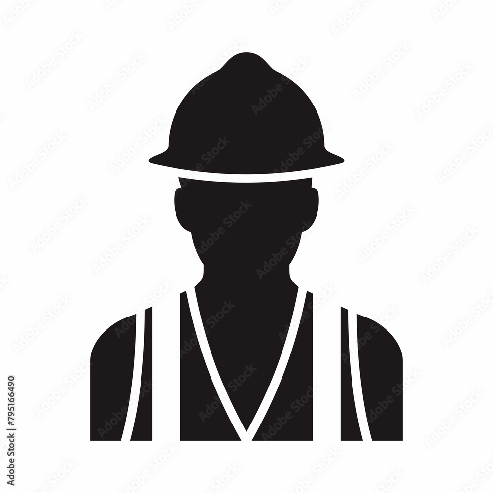 Construction worker vector icon black silhouette. Worker day, labor day icon and symbol. Engineer wear helmet and vest icon, repairman, technician, boy.