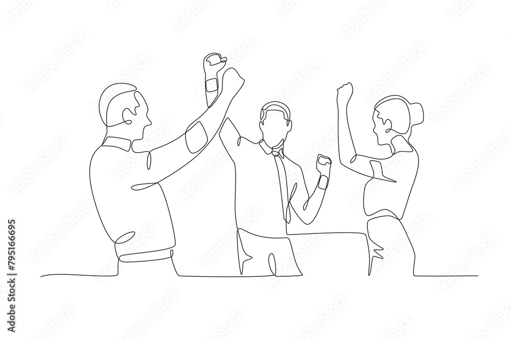 The successful team is celebrating by raising their hands. Team celebrating success concept one-line drawing