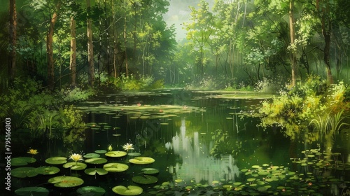 Swamp with Lily Pads and Forest