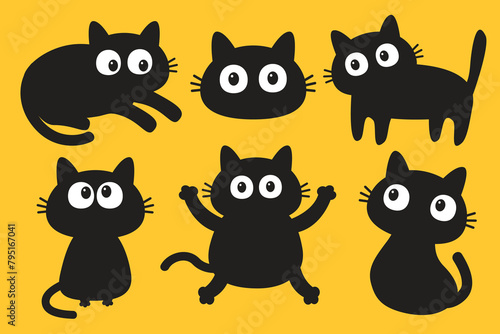 Black cat set. Kitten with big eyes face. Nail claw scratch  sitting  laying  sleeping  looking. Cute cartoon kawaii funny baby pet character. Flat design. Sticker print. Yellow background. Vector