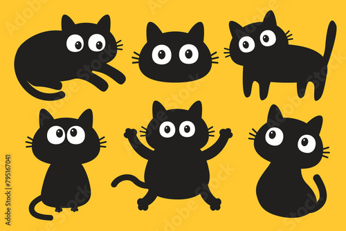 Black cat set. Kitten with big eyes face. Nail claw scratch, sitting, laying, sleeping, looking. Cute cartoon kawaii funny baby pet character. Flat design. Sticker print. Yellow background. Vector