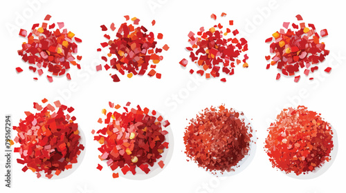 Collage of red chili flakes on white background top Vector