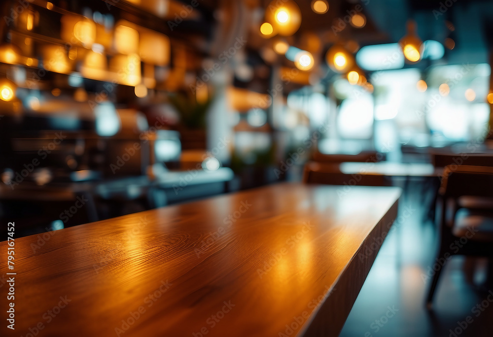 A contemporary cafe setting, showcasing blurred background details with prominent warm lighting and wooden surface in focus.