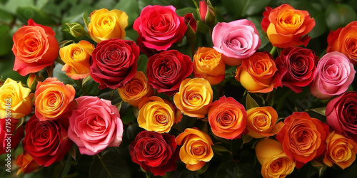 A bouquet of roses in various colors, reds, pinks, yellows and oranges roses background, colorful roses