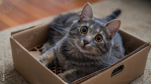 A cat is laying in a cardboard box with its eyes wide open. The cat appears to be curious and playful, as it stares at the camera. Concept of warmth and companionship