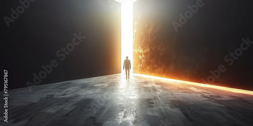 A person walking towards the light, symbolizing hope and an open future. Businessman photo