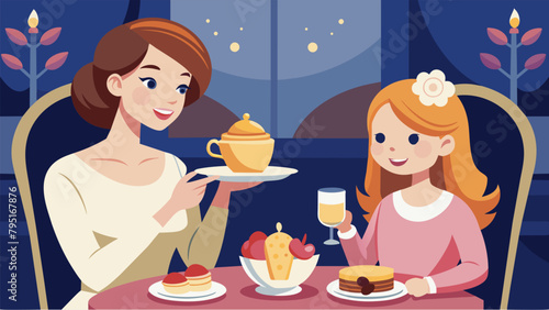 A mother and daughter indulge in a gl hightea afternoon at a luxury hotel complete with goldrimmed tea cups decadent sweets and a sparkling champagne.