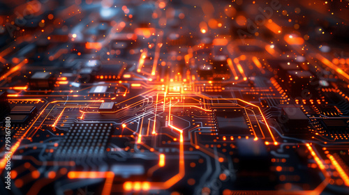 A close-up photo of a computer chip glowing orange under neon lights. Can be used for technology, computer-related blogs and advertisements.