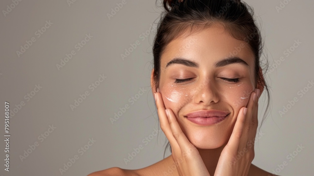 A woman is applying makeup and smiling A woman is applying makeup and smiling