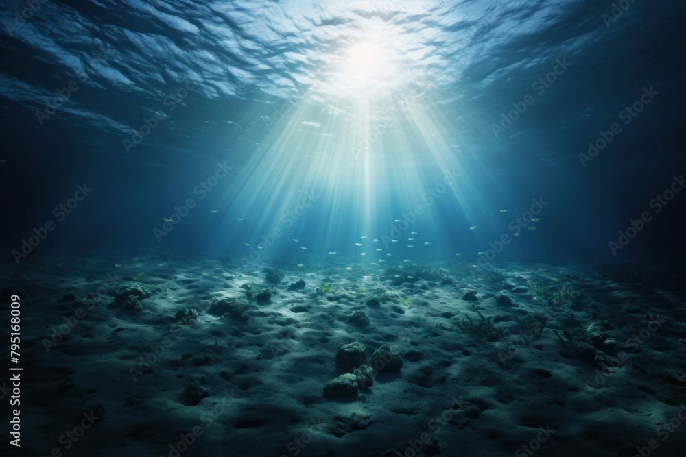 Calm underwater scene with sunrays reaching the seabed outdoors nature tranquility - obrazy, fototapety, plakaty 