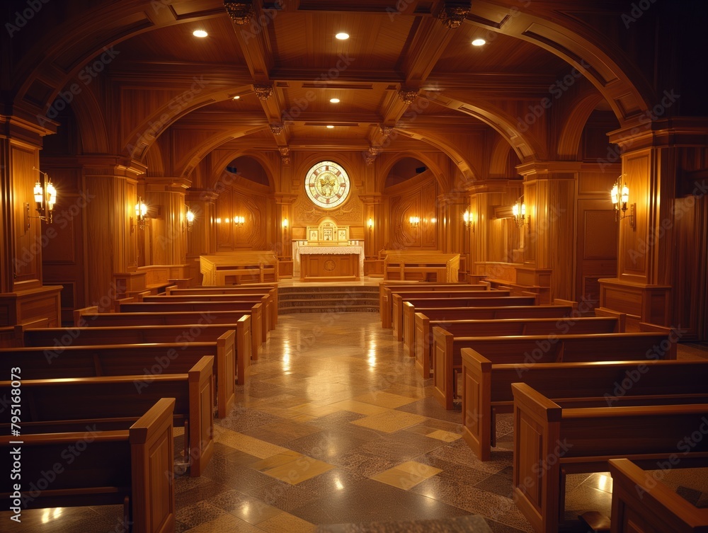 A large room with wooden pews and a stained glass window
