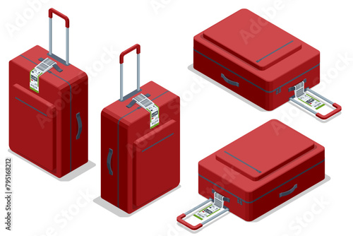 Isometric Luggage paper tags with barcode. Baggage information and identification tape mockup. Travel transportation bar code. Airport luggage barcode sticker.