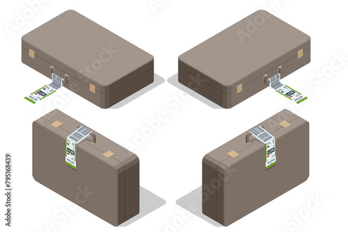 Isometric Luggage paper tags with barcode. Baggage information and identification tape mockup. Travel transportation bar code. Airport luggage barcode sticker.