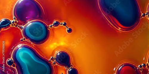 Bright abstract red background with blue drops and bubbles