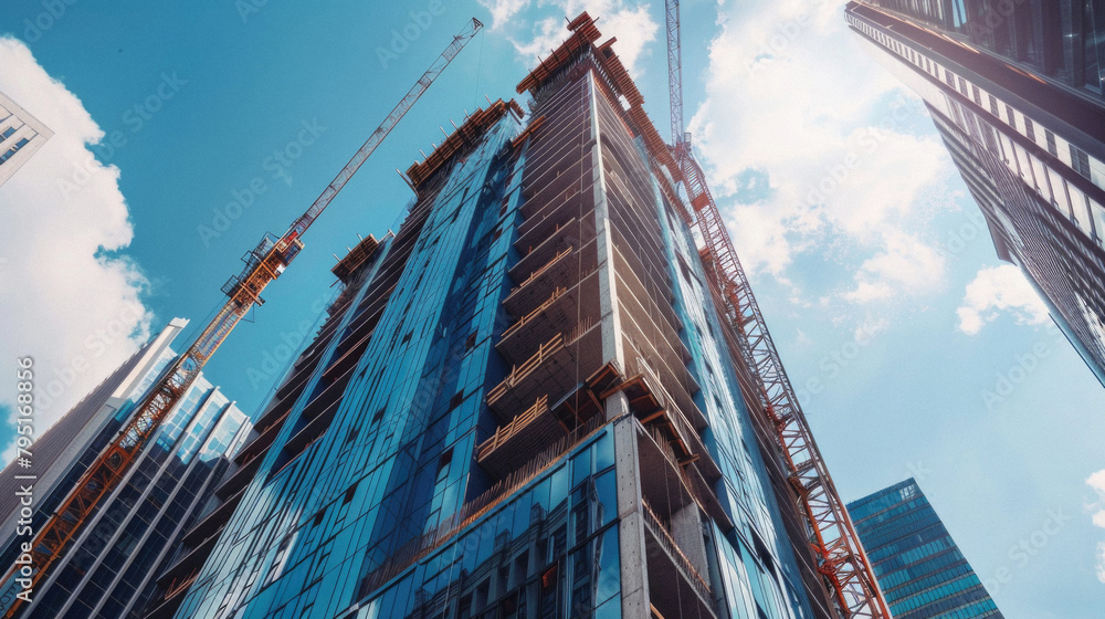 A tall building with a crane in the background A tall building with a crane in the background