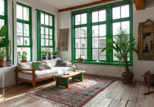 an interior design in Amsterdam, bright living room with wood floor and green window frames, sofa, coffee table on the left side, small fireplace on right side, carpet with boho pattern on ground © Kien