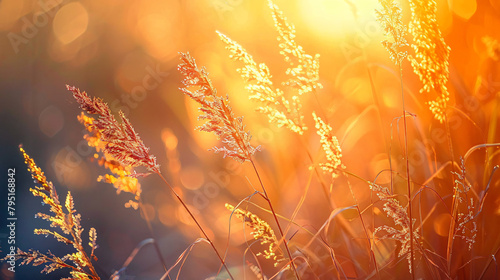 Wild grasses in a forest at sunset. Macro image shallo