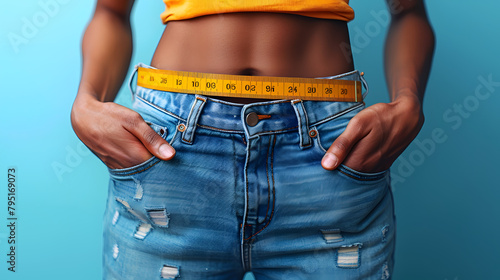 Person with measuring tape around waist wearing blue jeans. Close-up on midsection with copy space. Healthy lifestyle and fitness concept for design and wellness content