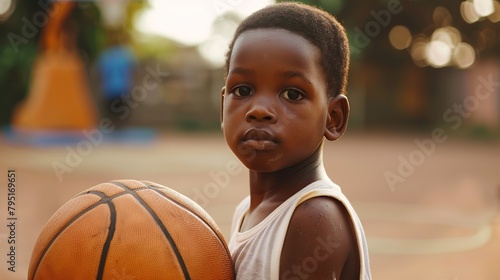 African child boy playing basketball on the court. image of sport. copy space for text.