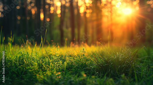 Wild green grass in a forest at sunset. Beautiful summer photo