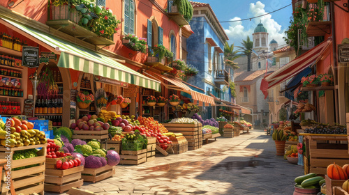 A street scene with a market full of fresh fruits and vegetables photo